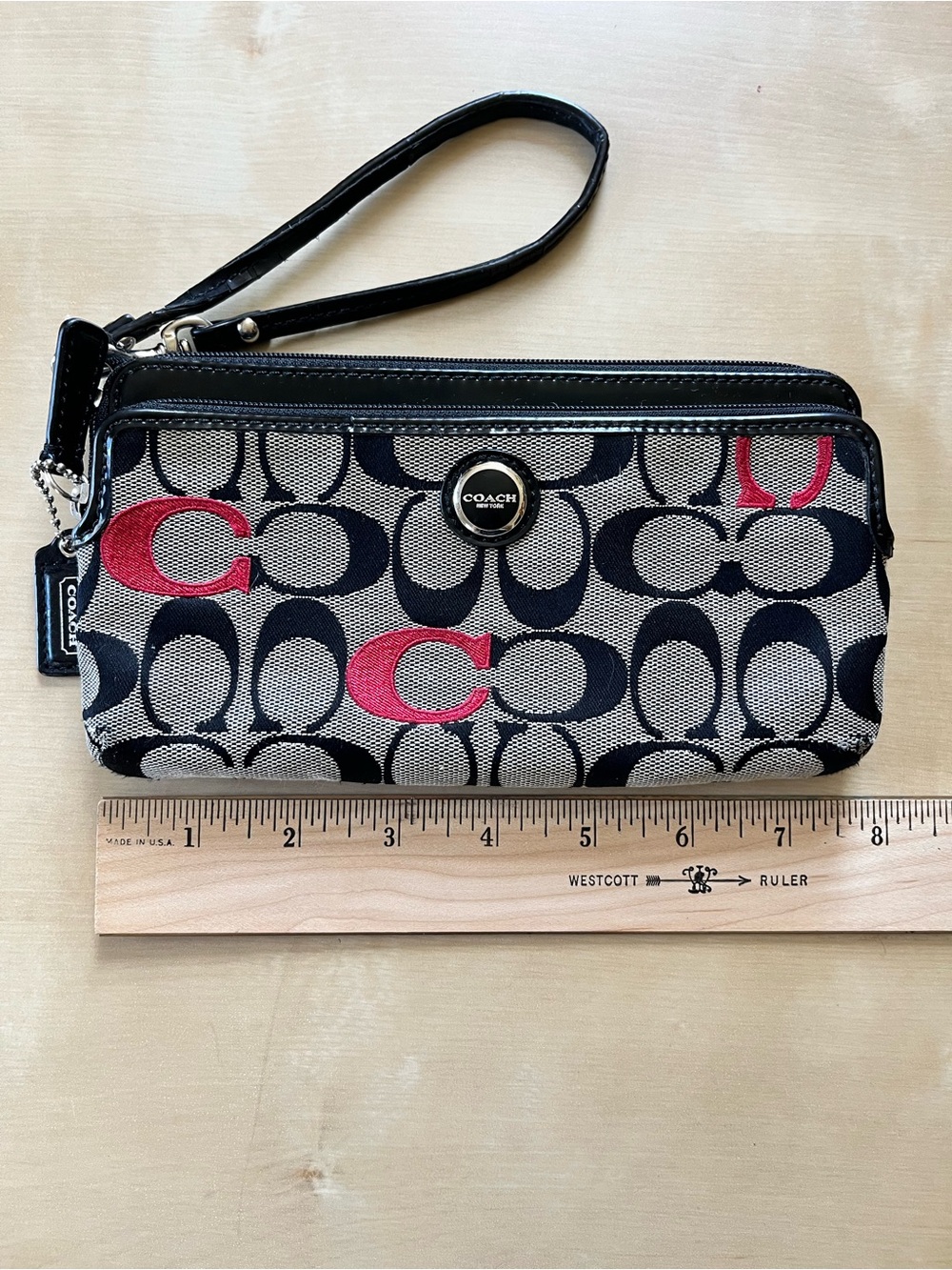 Coach Poppy Signature Wristlet in Black, Gray & Red - Picture 2 of 14